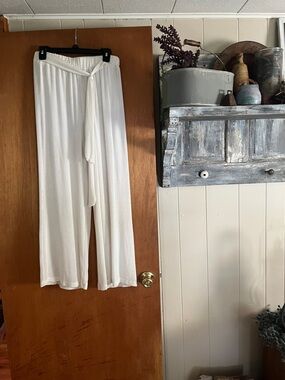 Women’s White Wide-Leg swim suit mesh cover up with Waist Tie